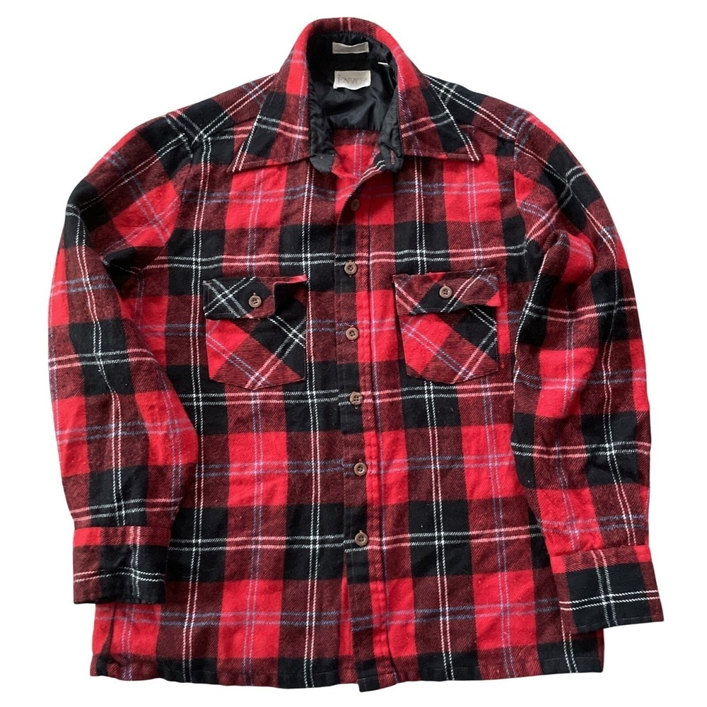 Vintage Envoy Mens Small Flannel Shirt Red Black‎ Plaid Acrylic Long Sleeve